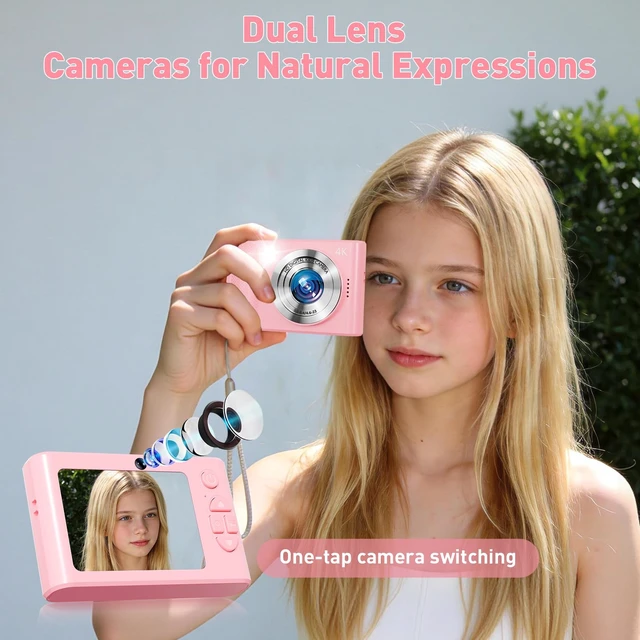 Alt view image 3 of 7 - Digital Camera,48MP Kids Camera 1080P Dual Lens Cmopact Camera with Fill Light,Portable Camera with 32GB SD Card,Small Digital Camera for Kids Teens Boys and Girls,Pink
