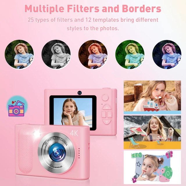 Alt view image 6 of 7 - Digital Camera,48MP Kids Camera 1080P Dual Lens Cmopact Camera with Fill Light,Portable Camera with 32GB SD Card,Small Digital Camera for Kids Teens Boys and Girls,Pink