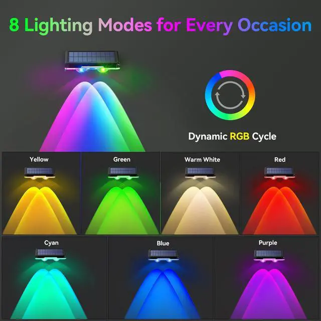 Alt view image 2 of 7 - Solar Fence Lights Outdoor Waterproof 8 Lights Modes 12 Pack (RGB) | Warm White & 6 Colors & RGB,IP66 Waterproof,No Elec. Bill,Dusk-to-Dawn Sensor for Fence/Railing/Step/Patio and Pool Areas