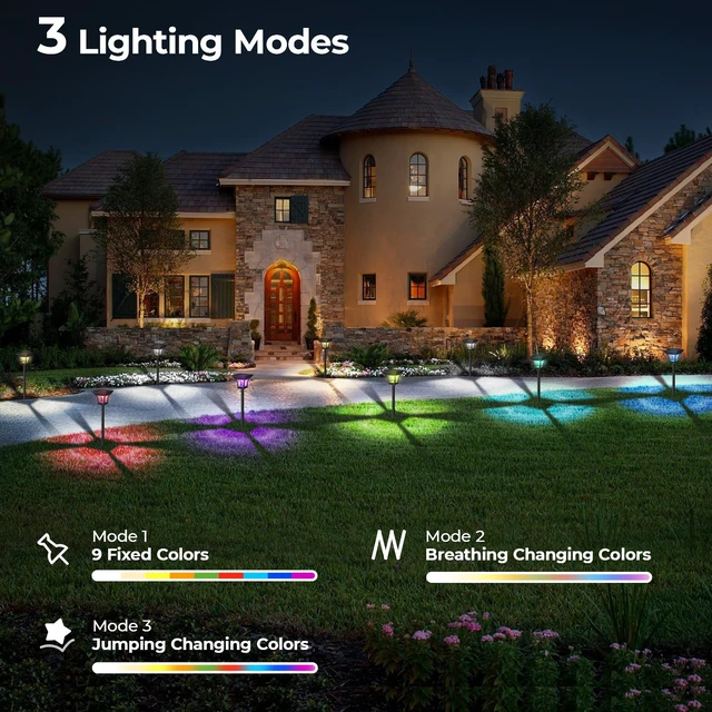 Alt view image 4 of 7 - CINOTON RGBCW Solar Pathway Lights Outdoor, 3 Lighting Modes, 12 Pack | IP65 Waterproof, RGB, Warm White And Cool White, Auto On/Off, Solar Powered, Easy Installation for Garden, Walkway & Driveway