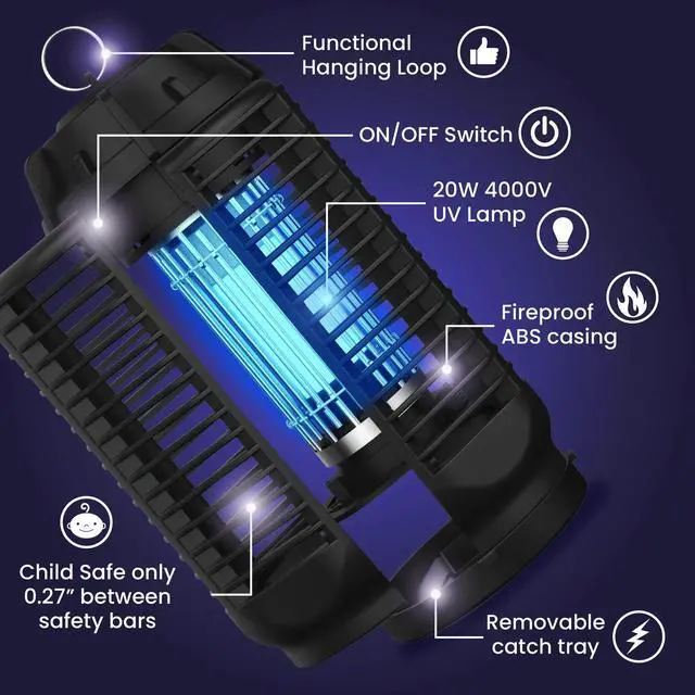Alt view image 2 of 6 - Electric Bug Zapper, Outdoor & Indoor Insect Killer with Switch 4000V Powerful Grid, 20W Extra Brightness IPX4 Waterproof Mosquito Repellent Outdoor, Fly Traps for Backyard Patio