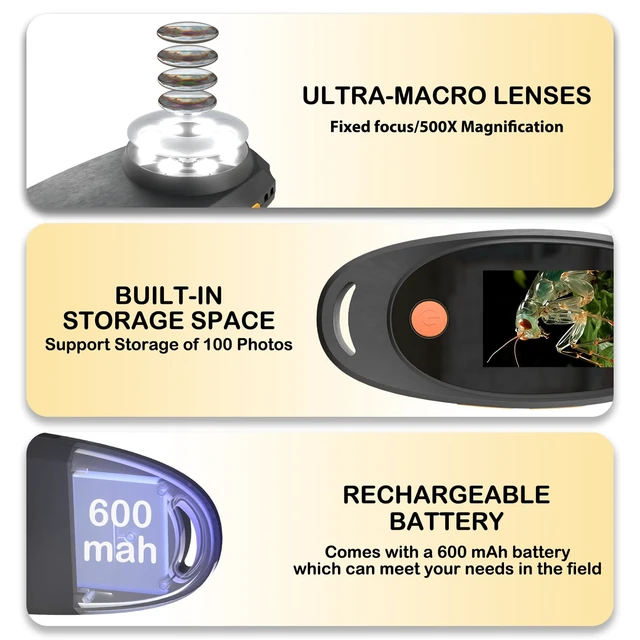 Alt view image 4 of 7 - Handheld Microscope, Pocket Digital Microscope, 500X | 8 adjustable 3-level LED lights, USB compatible with Windows & Mac OS for clear viewing, learning, and observation.