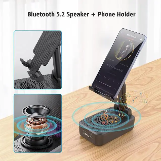 Alt view image 2 of 6 - Cell Phone Stand with Wireless Bluetooth Speaker, Phone Holder and Wireless Induction Speaker Amplifier Dock Compatible with iPhone/ipad/Samsung,Gifts for Women Men Dad Him Her-Black