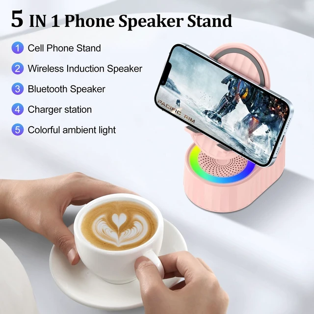 Alt view image 2 of 7 - Wireless Induction Bluetooth Speaker 5in1 Phone Holder Speaker | 3000mAh USB Wired Charging, 8 RGB Lights, Phone Speaker Amplifier for iPhone, Android, Ideal Gift for Men/Women
