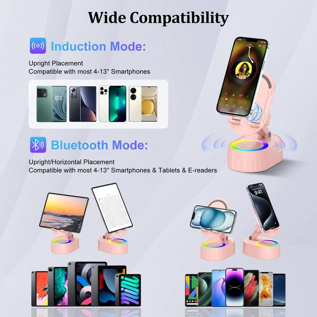 Alt view image 4 of 7 - Wireless Induction Bluetooth Speaker 5in1 Phone Holder Speaker | 3000mAh USB Wired Charging, 8 RGB Lights, Phone Speaker Amplifier for iPhone, Android, Ideal Gift for Men/Women