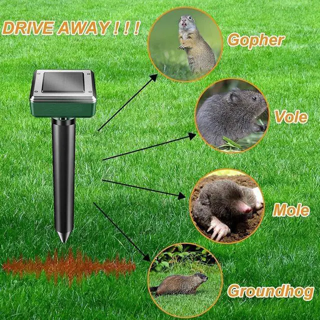 Alt view image 3 of 7 - 8 Pack Mole Repellent Solar Powered Sonic Mole Deterrent Spikes, Snake Gopher Vole Repellent for Lawn Garden & Yard Gopher Deterrent, Groundhog Repeller