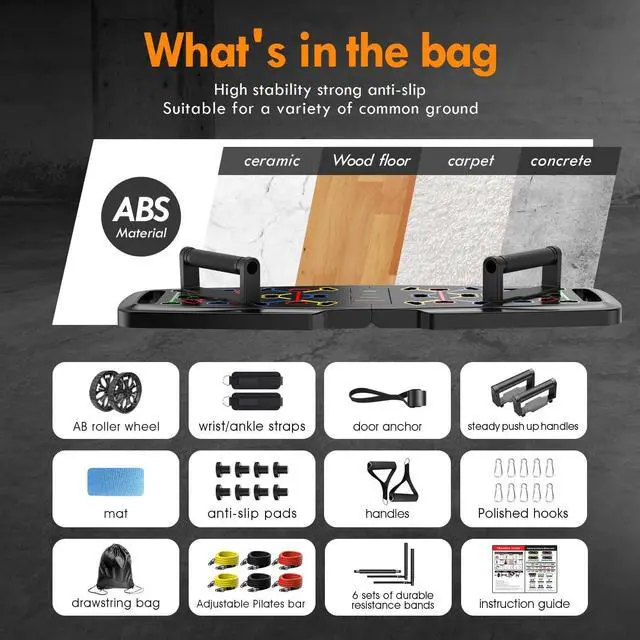 Alt view image 4 of 6 - Push Up Board,Home Gym,Portable Exercise Equipment,Pilates Bar and 20 Fitness Accessories with Resistance Bands and Ab Roller Wheel,Full Body Workout at Home