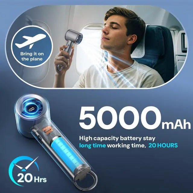 Alt view image 4 of 7 - Portable Handheld Turbo Fan for Outdoor - 5000mah Mini Handheld Personal Pocket Fan for Powerful Airflow Wind - 20hrs,100 Speeds Adjustable - Digital Display,Gifts for Travel,Outdoor Activites,Camping