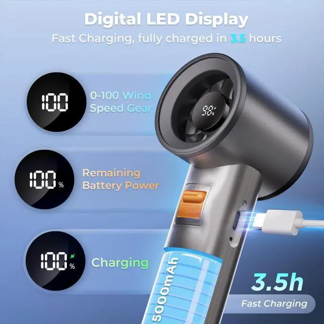 Alt view image 5 of 7 - Portable Handheld Turbo Fan for Outdoor - 5000mah Mini Handheld Personal Pocket Fan for Powerful Airflow Wind - 20hrs,100 Speeds Adjustable - Digital Display,Gifts for Travel,Outdoor Activites,Camping