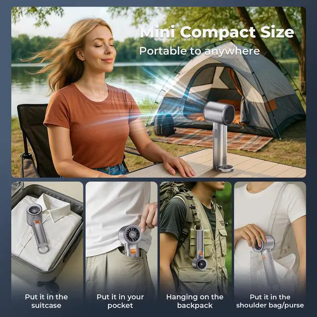 Alt view image 6 of 7 - Portable Handheld Turbo Fan for Outdoor - 5000mah Mini Handheld Personal Pocket Fan for Powerful Airflow Wind - 20hrs,100 Speeds Adjustable - Digital Display,Gifts for Travel,Outdoor Activites,Camping