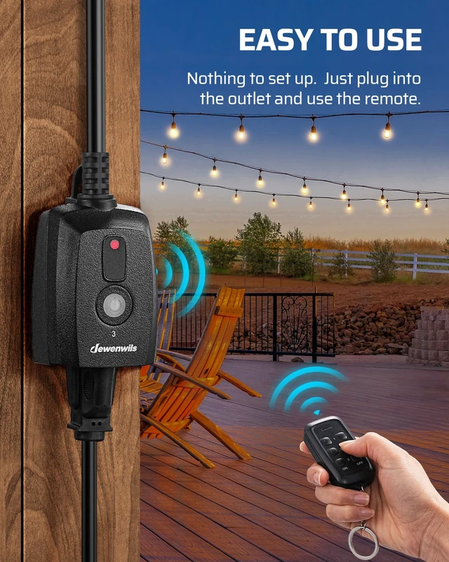 Alt view image 3 of 7 - Outdoor Wireless Remote Control Outlet, 125V 15A Heavy Duty | 100FT Range, SJTW Power Cord, Weatherproof Remote Control Switch for String Lights, Landscape Lights, 1 Remote 3 Outlet