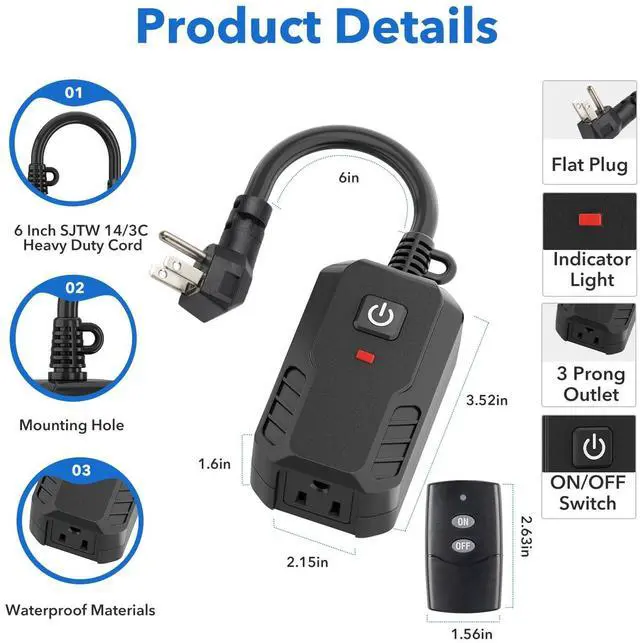 Alt view image 6 of 7 - Outdoor Remote Control Outlet Plug Black,Indoor Wireless Outlet Switch Weatherproof Heavy Duty 15A 3-Prong 6-inch Cord 100Ft Range,3Pack(Battery Included)
