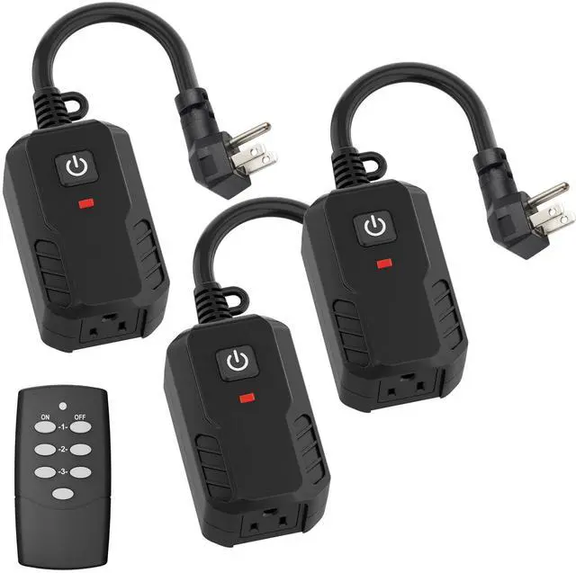Main image of Outdoor Remote Control Outlet Plug Black,Indoor Wireless Outlet Switch Weatherproof Heavy Duty 15A 3-Prong 6-inch Cord 100Ft Range,3Pack(Battery Included)