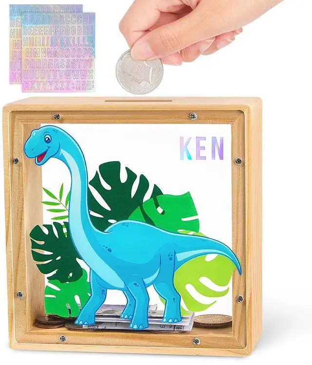 Main image of Piggy Bank for Kids, Wooden Money Coin Bank for Boys and Girls, Dinosaur Unicorn Piggy Banks with DIY Stickers for Birthday, Easter Gifts (Blue)