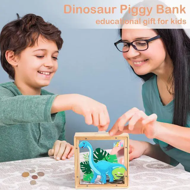 Alt view image 2 of 7 - Piggy Bank for Kids, Wooden Money Coin Bank for Boys and Girls, Dinosaur Unicorn Piggy Banks with DIY Stickers for Birthday, Easter Gifts (Blue)