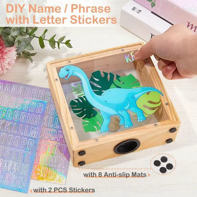 Alt view image 3 of 7 - Piggy Bank for Kids, Wooden Money Coin Bank for Boys and Girls, Dinosaur Unicorn Piggy Banks with DIY Stickers for Birthday, Easter Gifts (Blue)