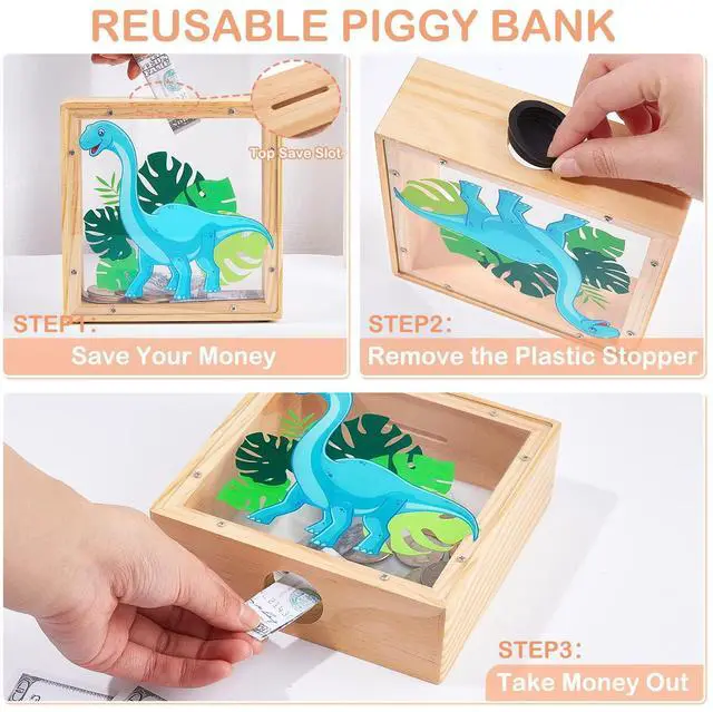 Alt view image 4 of 7 - Piggy Bank for Kids, Wooden Money Coin Bank for Boys and Girls, Dinosaur Unicorn Piggy Banks with DIY Stickers for Birthday, Easter Gifts (Blue)