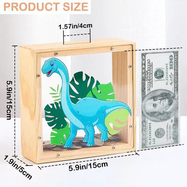 Alt view image 6 of 7 - Piggy Bank for Kids, Wooden Money Coin Bank for Boys and Girls, Dinosaur Unicorn Piggy Banks with DIY Stickers for Birthday, Easter Gifts (Blue)