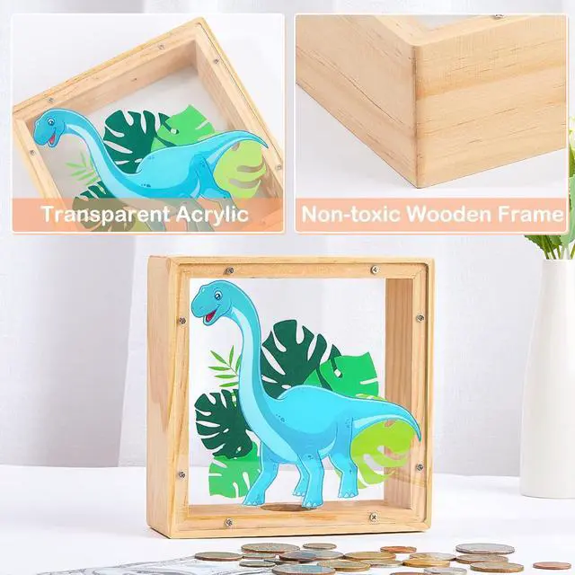 Alt view image 5 of 7 - Piggy Bank for Kids, Wooden Money Coin Bank for Boys and Girls, Dinosaur Unicorn Piggy Banks with DIY Stickers for Birthday, Easter Gifts (Blue)