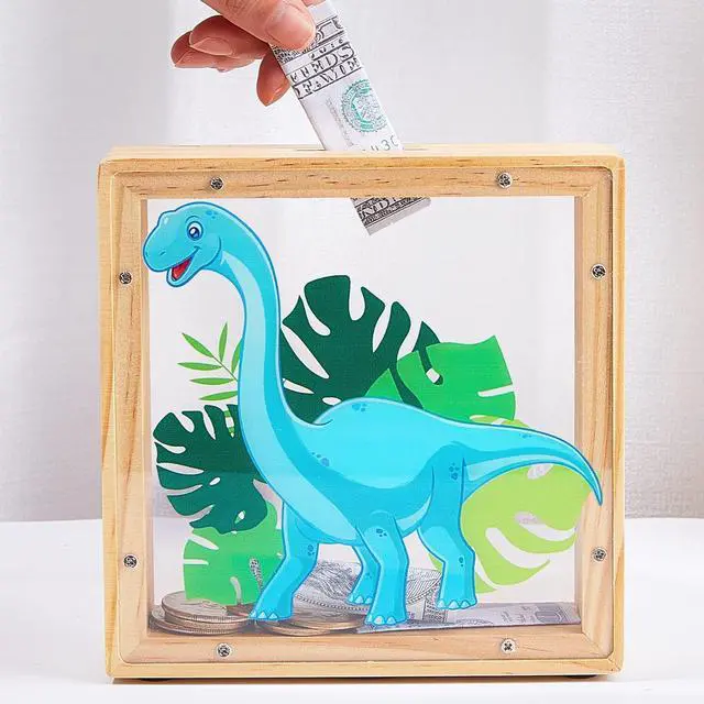 Alt view image 7 of 7 - Piggy Bank for Kids, Wooden Money Coin Bank for Boys and Girls, Dinosaur Unicorn Piggy Banks with DIY Stickers for Birthday, Easter Gifts (Blue)