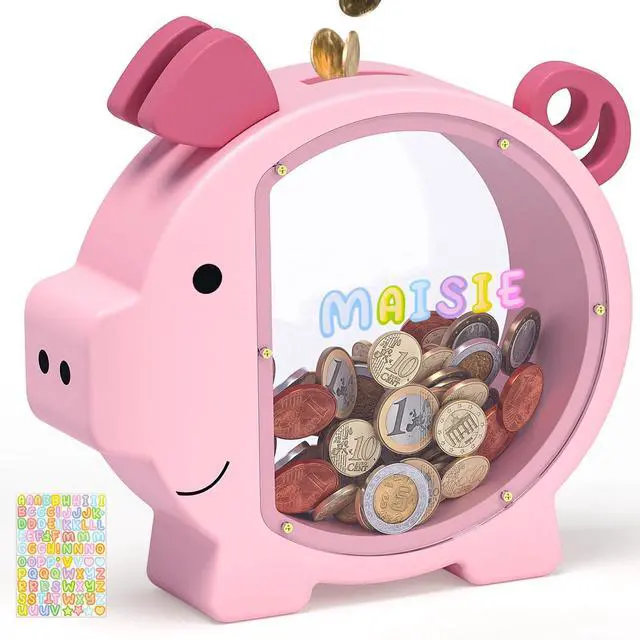 Main image of Wooden Piggy Bank for Kids Cute Money Bank for Boys and Girls Clear Wood Money Box Personalized Saving Money Jar, Creative Present for Children Birthday Christmas & Decor (Pink, Standard)