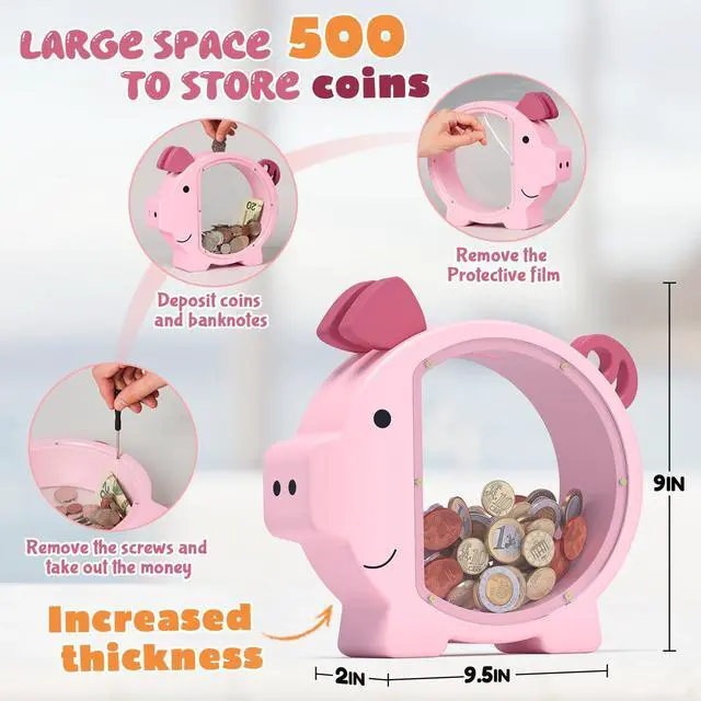 Alt view image 2 of 7 - Wooden Piggy Bank for Kids Cute Money Bank for Boys and Girls Clear Wood Money Box Personalized Saving Money Jar, Creative Present for Children Birthday Christmas & Decor (Pink, Standard)