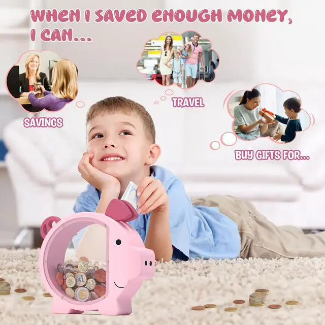 Alt view image 3 of 7 - Wooden Piggy Bank for Kids Cute Money Bank for Boys and Girls Clear Wood Money Box Personalized Saving Money Jar, Creative Present for Children Birthday Christmas & Decor (Pink, Standard)