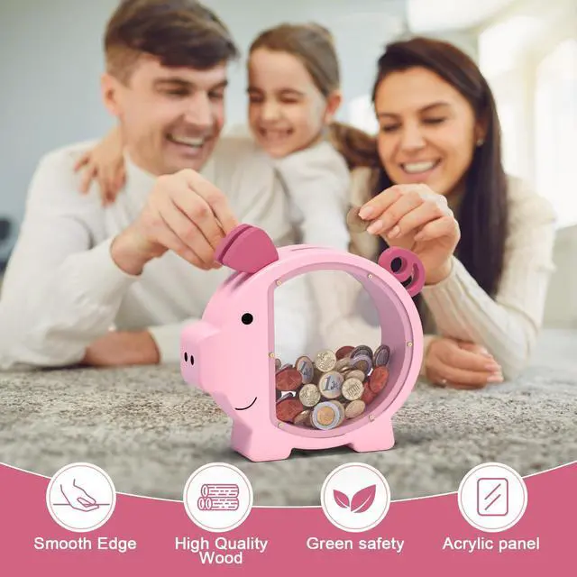 Alt view image 4 of 7 - Wooden Piggy Bank for Kids Cute Money Bank for Boys and Girls Clear Wood Money Box Personalized Saving Money Jar, Creative Present for Children Birthday Christmas & Decor (Pink, Standard)