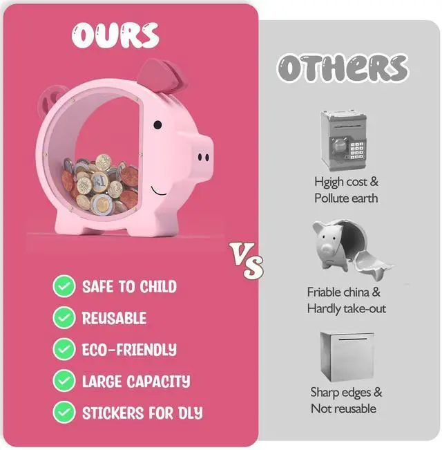 Alt view image 6 of 7 - Wooden Piggy Bank for Kids Cute Money Bank for Boys and Girls Clear Wood Money Box Personalized Saving Money Jar, Creative Present for Children Birthday Christmas & Decor (Pink, Standard)