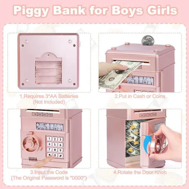 Alt view image 4 of 5 - Piggy Bank Toy,Kids Toys Electronic Piggy Bank for Boys Girls Kids Safe ATM Bank Cash Coin Can for Children Money Bank Toys Money Saving Box Birthday Gift for Kid Age 3-12 (Rose Gold)