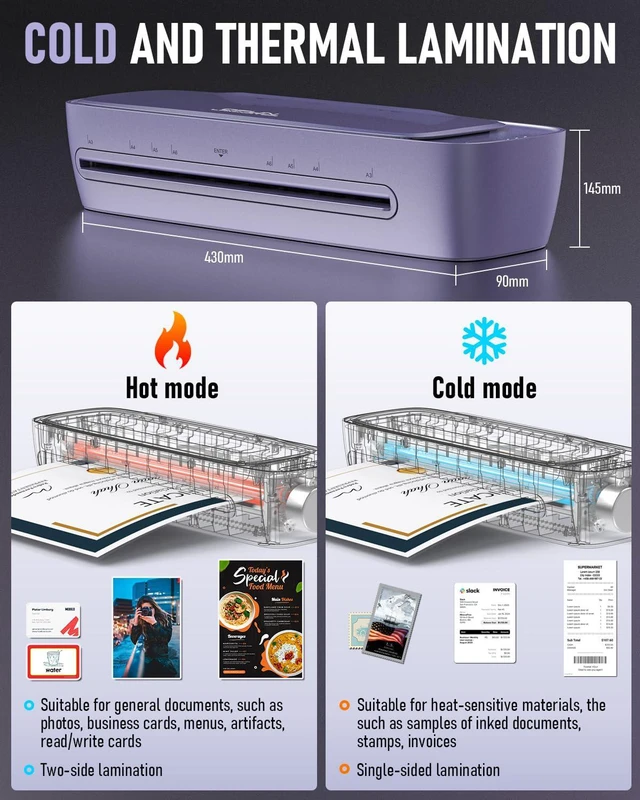Alt view image 5 of 7 - 13-Inch Thermal & Cold Laminator Machine 11x17 with Laminating Sheets Purple, 9-in-1 Desktop Laminate Machine kit, 60s Warm-Up, NTC Control, Anti-Jam, Lamination Machine for Home Office Teachers