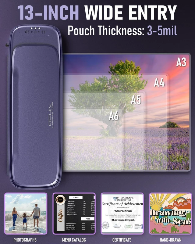 Alt view image 7 of 7 - 13-Inch Thermal & Cold Laminator Machine 11x17 with Laminating Sheets Purple, 9-in-1 Desktop Laminate Machine kit, 60s Warm-Up, NTC Control, Anti-Jam, Lamination Machine for Home Office Teachers