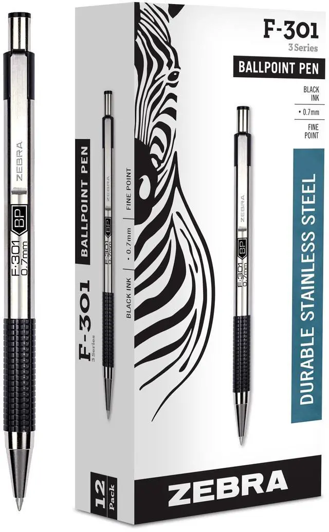 Main image of F-301 Ballpoint Black Ink Fine Point 0.7mm Pen, Easy-Glide Ink, Stainless Steel Retractable, Non-Slip Grip, Professional Design, Ideal for Office, Journal and Planner Use, 12-Pack (27110)