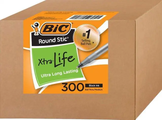 Main image of Round Stic Xtra Life Ballpoint Pens, Bulk Pack of Black Ink Pens, Medium point 1.0 mm, Pack of 300