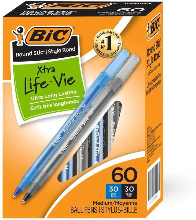 Main image of Round Stic Xtra Life Pens, Medium Point 1.0 mm, 30 Black & 30 Blue Ink Pens, Pack of 60