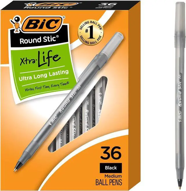 Main image of Round Stic Xtra Life Black Ballpoint Pens, Medium Point (1.0mm), 36-Count Pack of Bulk Pens, Flexible Round Barrel for Writing Comfort, No. 1 Selling Ballpoint Pens