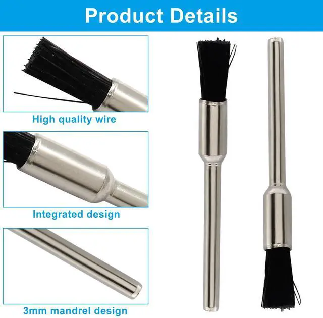 Alt view image 4 of 5 - 30Pcs Bristle Cleaning End Brushes Pen, 2.3mm Mandrel Wire Bushes Set, Rust Paint Removal Bits Polishing Rotary Tool Accessories, 1/5" x 3/32"