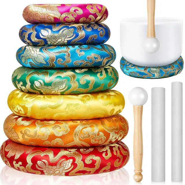 Main image of 10 Pcs Singing Bowl Cushion Set 7 Silk Cloth O Ring with 3 Crystal Singing Bowl Mallet Include Solid and Hollow Stick Wood Handle Rubber Mallet for 6-12" Tibetan Sound Meditation(Rainbow)