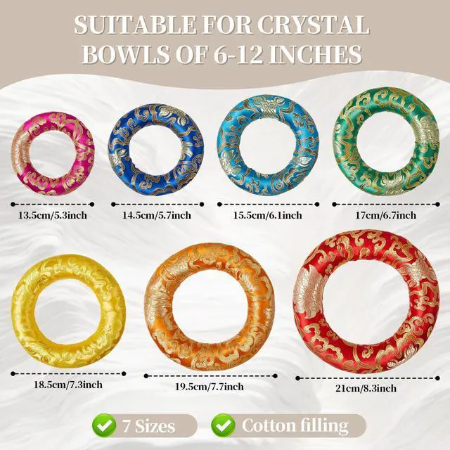 Alt view image 2 of 6 - 10 Pcs Singing Bowl Cushion Set 7 Silk Cloth O Ring with 3 Crystal Singing Bowl Mallet Include Solid and Hollow Stick Wood Handle Rubber Mallet for 6-12" Tibetan Sound Meditation(Rainbow)