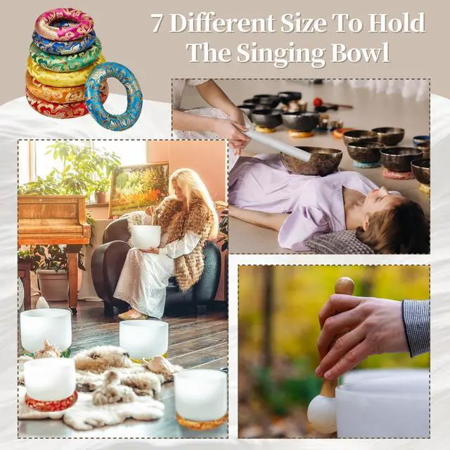 Alt view image 5 of 6 - 10 Pcs Singing Bowl Cushion Set 7 Silk Cloth O Ring with 3 Crystal Singing Bowl Mallet Include Solid and Hollow Stick Wood Handle Rubber Mallet for 6-12" Tibetan Sound Meditation(Rainbow)