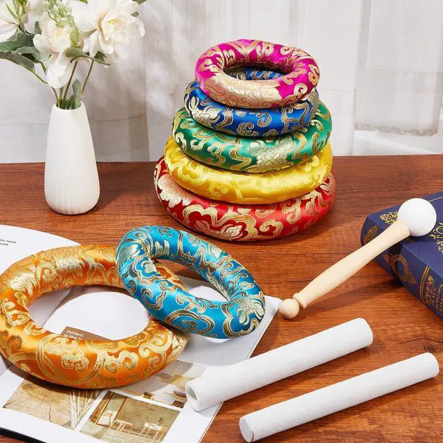 Alt view image 6 of 6 - 10 Pcs Singing Bowl Cushion Set 7 Silk Cloth O Ring with 3 Crystal Singing Bowl Mallet Include Solid and Hollow Stick Wood Handle Rubber Mallet for 6-12" Tibetan Sound Meditation(Rainbow)