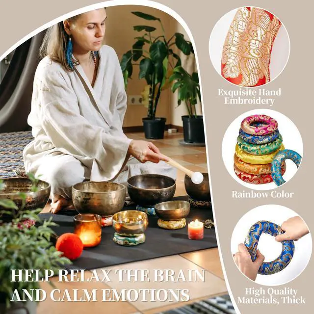 Alt view image 4 of 6 - 10 Pcs Singing Bowl Cushion Set 7 Silk Cloth O Ring with 3 Crystal Singing Bowl Mallet Include Solid and Hollow Stick Wood Handle Rubber Mallet for 6-12" Tibetan Sound Meditation(Rainbow)