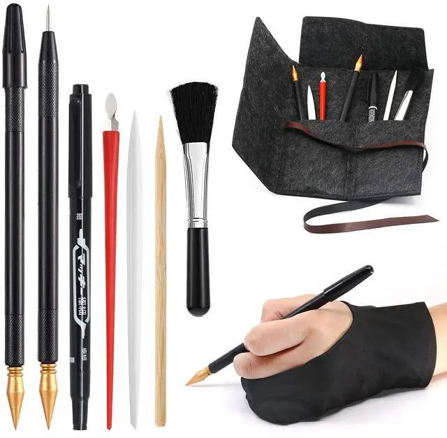 Main image of Scratch Art Tools, 9 Pcs Scratching Drawing Tools Set: Artist Glove, Tools Bag, Scratch Coloring Pens, Plastic and Wooden Stylus, Scraper, Repair Pen, Clean Brush for Adults & Teens Painting Paper