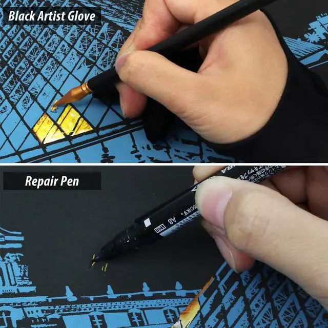 Alt view image 5 of 6 - 9 Pcs Scratch Art Tools, Scratching Drawing Tools Set for Adults & Teens Painting Paper : Artist Glove, Tools Bag, Scratch Coloring Pens, Plastic and Wooden Stylus, Scraper, Repair Pen, Clean Brush