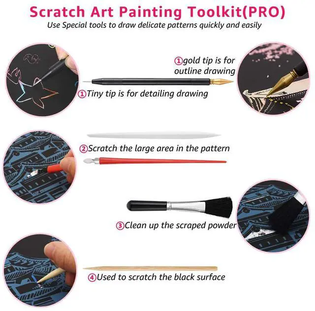 Alt view image 4 of 6 - 9 Pcs Scratch Art Tools, Scratching Drawing Tools Set for Adults & Teens Painting Paper : Artist Glove, Tools Bag, Scratch Coloring Pens, Plastic and Wooden Stylus, Scraper, Repair Pen, Clean Brush