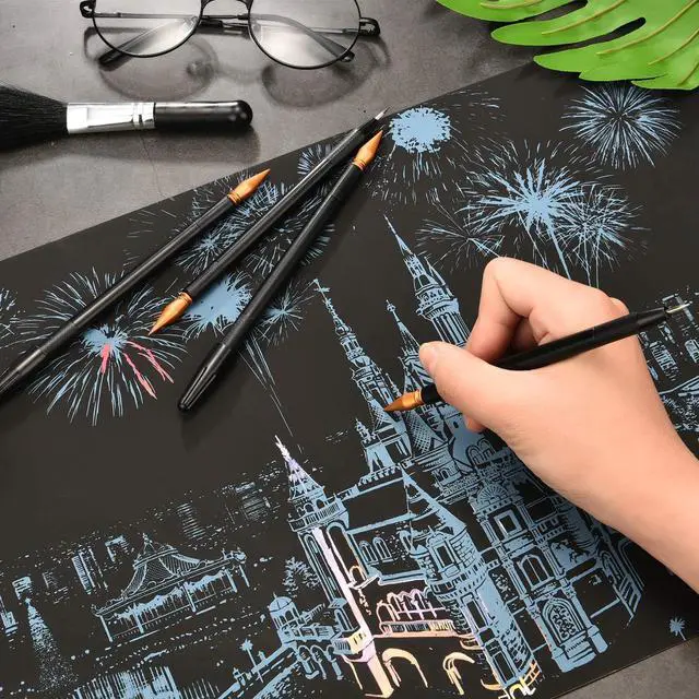 Alt view image 6 of 7 - Scratch Art Tools, 9 Pcs Scratching Drawing Tools Set: Artist Glove, Tools Bag, Scratch Coloring Pens, Plastic and Wooden Stylus, Scraper, Repair Pen, Clean Brush for Adults & Teens Painting Paper