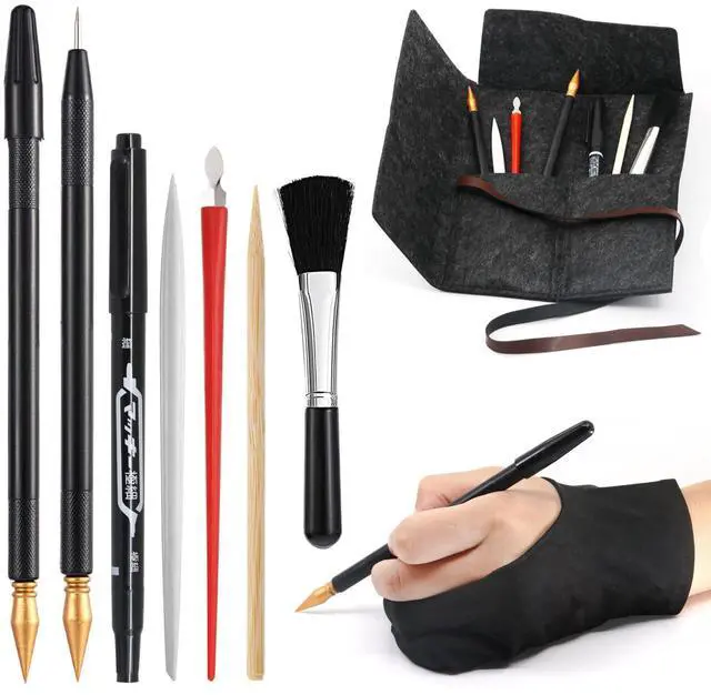 Main image of 9 Pcs Scratch Art Tools Set, Scratching Drawing Tools : Artist Glove, Tools Bag, Scratch Coloring Pens, Plastic Pens, Wooden Stylus, Scraper, Repair Pen, Clean Brush for Adults & Teens Painting Paper
