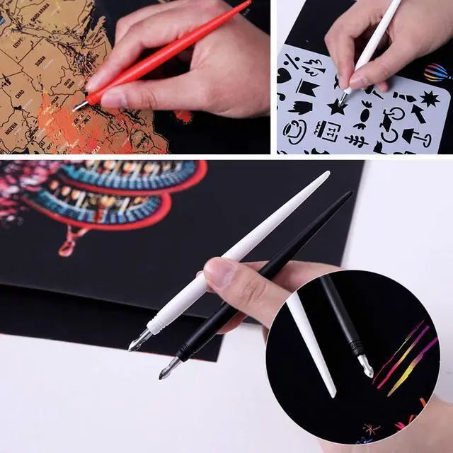 Alt view image 3 of 7 - 18 Pieces Scratch Art Tools, Scratching Drawing Color Pen Dual Tip / Scratch Paper Stick Stylus Tools Bag for Adults & Teens Art Paper Painting, Pen with Clean Brush Crafts Set
