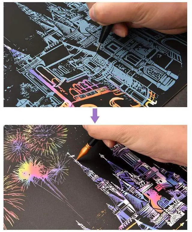 Alt view image 5 of 7 - Scratch Tools, Scratch Color Pen Dual Tip Scratch Coloring Stylus Paper Art Set for for Adult Kids Painting Art 14 PCS