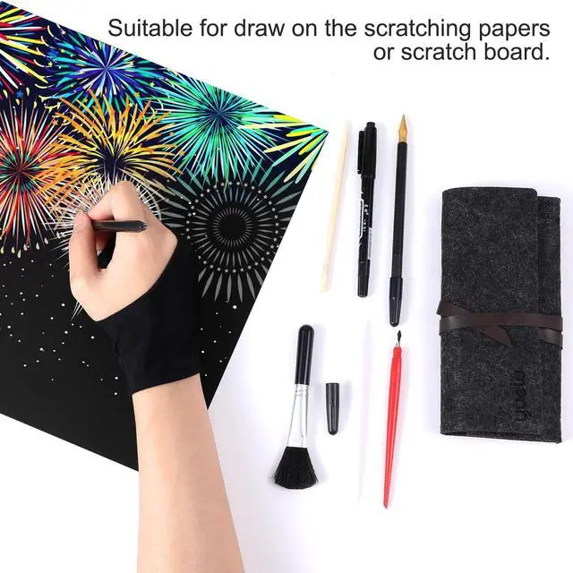 Alt view image 3 of 7 - 9Pcs Scratch Art Tools Set Including Artist Glove, Tool Bag, Scratch Coloring Pens, Plastic And Wooden Stylus, Scraper, Repair Pen, Clean Brush Scratchs Painting Drawing Tools for Adult Painting Paper